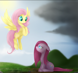 Size: 600x556 | Tagged: safe, artist:mn27, imported from derpibooru, fluttershy, pinkie pie, earth pony, pegasus, pony, colored pupils, duo, pinkamena diane pie, sad, smiling