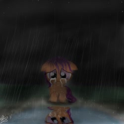 Size: 894x894 | Tagged: artist needed, dead source, source needed, safe, imported from derpibooru, scootaloo, abandoned, crying, rain, sad, scootabuse, scootalone