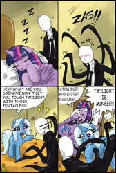 Size: 2219x3303 | Tagged: safe, artist:ciriliko, imported from derpibooru, trixie, twilight sparkle, pony, unicorn, bed, comic, creeper, cross-popping veins, crossover, female, high res, implied lesbian, implied shipping, implied twixie, mare, onomatopoeia, sleeping, slenderman, sound effects, stephano, unicorn twilight, white flag, zas, zzz