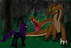 Size: 1024x683 | Tagged: safe, artist:akaelus, imported from derpibooru, oc, oc only, oc:nyx, alicorn, hydra, pony, fanfic:past sins, alicorn oc, confrontation, forest, glowing eyes, horn, multiple heads, older nyx, rain, wings