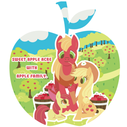 Size: 800x800 | Tagged: dead source, safe, artist:yousukou, imported from derpibooru, apple bloom, applejack, big macintosh, earth pony, pony, apple, apple barrel, apple orchard, apple tree, food, male, orchard, pixiv, stallion, tree, trio