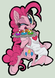 Size: 600x844 | Tagged: safe, artist:xenon, imported from derpibooru, pinkie pie, earth pony, pony, apron, bipedal, clothes, cupcake, digitally colored, female, looking at you, mare, solo, traditional art, wink