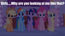 Size: 1280x718 | Tagged: safe, imported from derpibooru, applejack, fluttershy, pinkie pie, rainbow dash, twilight sparkle, bedroom eyes, bronybait, fourth wall