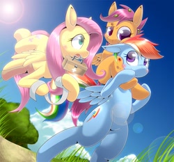 Size: 833x777 | Tagged: dead source, safe, artist:oze, imported from derpibooru, fluttershy, rainbow dash, scootaloo, pegasus, pony, bandage, bipedal, blood, cloud, female, filly, first aid kit, flying, injured, lens flare, mare, riding, scootaloo riding rainbow dash, scootalove