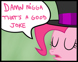 Size: 1000x800 | Tagged: safe, artist:smile, imported from derpibooru, pinkie pie, pony, dialogue, female, hat, mare, nigga, solo, vulgar