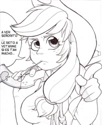 Size: 782x960 | Tagged: safe, artist:mrw32, imported from derpibooru, applejack, human, black and white, breasts, busty applejack, female, grayscale, gun, humanized, monochrome, solo, spanish, speech bubble, translated in the comments, weapon