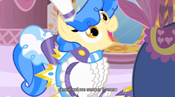 Size: 640x355 | Tagged: safe, imported from derpibooru, screencap, sapphire shores, earth pony, pony, a dog and pony show, carousel boutique, clothes, faic, mirror, solo, youtube caption