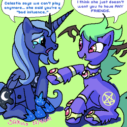 Size: 400x400 | Tagged: safe, artist:yamino, imported from derpibooru, princess luna, oc, oc:midnight devilwitch blingbling, alicorn, demon, demon pony, crying, s1 luna, sitting