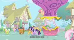 Size: 640x354 | Tagged: safe, imported from derpibooru, screencap, bon bon, carrot top, chance-a-lot, cheerilee, creme brulee, daisy, dizzy twister, flower wishes, golden harvest, granny smith, minuette, orange swirl, spike, sweetie drops, twilight sparkle, hot air balloon, twinkling balloon, youtube caption