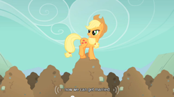 Size: 640x355 | Tagged: safe, imported from derpibooru, screencap, applejack, earth pony, pony, a dog and pony show, mound, youtube caption