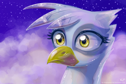 Size: 1200x800 | Tagged: safe, artist:kp-shadowsquirrel, imported from derpibooru, gilda, griffon, cloud, cloudy, female, night, night sky, shocked, solo, stars