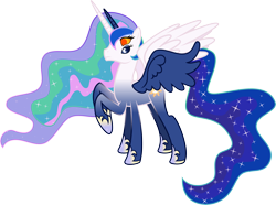 Size: 7000x5210 | Tagged: safe, artist:ambassad0r, imported from derpibooru, princess celestia, princess luna, pony, absurd resolution, blue coat, blue mane, female, four eyes, four wings, fusion, gem fusion, mare, multiple eyes, multiple horns, multiple legs, multiple limbs, multiple wings, raised hoof, simple background, six legs, six-legged pony, solo, spread wings, transparent background, wat, what has magic done, white coat, wings