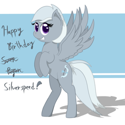Size: 1280x1280 | Tagged: safe, artist:phoenixswift, imported from derpibooru, silverspeed, pegasus, pony, abstract background, bipedal, female, full body, gift art, looking at you, mare, smiling, smiling at you, solo, spread wings, tail, wings