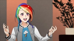 Size: 649x364 | Tagged: safe, artist:abysstea, imported from derpibooru, rainbow dash, human, humanized, letterman jacket, promotions, varsity jacket