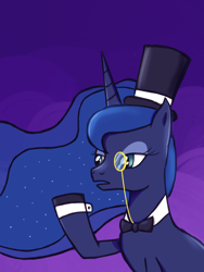 Size: 600x800 | Tagged: safe, artist:xflicker, imported from derpibooru, princess luna, pony, cufflinks, cuffs (clothes), female, hat, like a madame, monocle, quite, solo, top hat