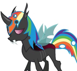 Size: 609x562 | Tagged: safe, imported from derpibooru, rainbow dash, changeling, changelingified, dashling, fangs, female, sad, solo, species swap