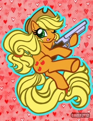 Size: 2550x3300 | Tagged: safe, artist:crizltron, imported from derpibooru, applejack, pony, female, gun, happy, heart, high res, one eye closed, open mouth, shotgun, smiling, solo, weapon, wink