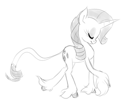 Size: 580x508 | Tagged: safe, artist:jessy, imported from derpibooru, rarity, classical unicorn, pony, eyes closed, female, grayscale, leonine tail, monochrome, sketch, solo, unshorn fetlocks