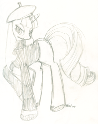 Size: 1024x1301 | Tagged: safe, artist:mishmoush, imported from derpibooru, rarity, pony, beatnik rarity, beret, clothes, female, hat, sketch, solo