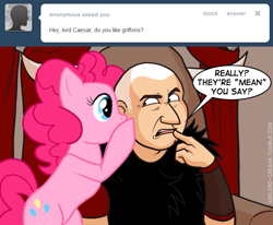 Size: 709x584 | Tagged: safe, imported from derpibooru, pinkie pie, earth pony, human, pony, ask, asklord-caesar, caesar (fallout), duo, fallout: new vegas, female, male, man, mare, speech bubble, tumblr, whispering