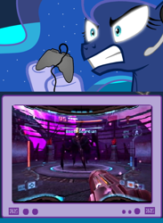 Size: 438x600 | Tagged: safe, imported from derpibooru, princess luna, pony, gamer luna, boost guardian, exploitable meme, gamer meme, meme, metroid, metroid prime 2: echoes, obligatory pony, that one boss, tv meme