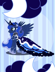 Size: 1500x1971 | Tagged: safe, artist:shilokh, imported from derpibooru, princess luna, alicorn, pony, clothes, crescent moon, dress, female, mare, solo, spread wings, wings