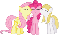Size: 6800x4000 | Tagged: safe, artist:midnight--blitz, imported from derpibooru, fluttershy, pinkie pie, earth pony, pegasus, pony, andrea libman, eyes closed, female, mare, simple background, transparent background, trio, trio female