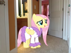 Size: 3264x2448 | Tagged: safe, artist:serindo, imported from derpibooru, fluttershy, pony, bathrobe, bathroom, clothes, hallway, high res, irl, photo, ponies in real life, robe, wet mane