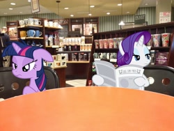 Size: 3264x2448 | Tagged: safe, artist:serindo, imported from derpibooru, rarity, twilight sparkle, pony, high res, irl, newspaper, photo, ponies in real life, starbucks, vector