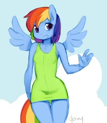 Size: 500x575 | Tagged: safe, artist:doxy, imported from derpibooru, rainbow dash, anthro, ambiguous facial structure, clothes, dress, rainbow dash always dresses in style
