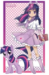 Size: 550x838 | Tagged: dead source, safe, artist:lavender-ice, imported from derpibooru, twilight sparkle, human, pony, unicorn, book, cardboard twilight, clothes, cute, dress, eared humanization, horned humanization, human ponidox, humanized, scarf, self ponidox, skirt, tailed humanization, twiabetes, unicorn twilight