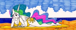 Size: 2221x878 | Tagged: safe, artist:newyorkx3, imported from derpibooru, princess celestia, alicorn, anthro, plantigrade anthro, beach, bikini, book, breasts, busty princess celestia, clothes, cloud, cutie mark, ethereal mane, ethereal tail, female, flowing mane, flowing tail, horn, mare, multicolored mane, multicolored tail, praise the sun, purple eyes, reading, sand, sexy, smiling, solo, sparkles, stupid sexy celestia, swimsuit, traditional art, water, wings