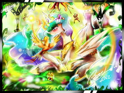 Size: 2000x1500 | Tagged: safe, artist:dishwasher1910, imported from derpibooru, princess celestia, alicorn, bird, butterfly, pony, colorful, female, glowing, glowing horn, horn, jewelry, mare, regalia