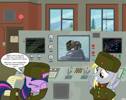 Size: 2560x2048 | Tagged: safe, artist:a4r91n, imported from derpibooru, derpy hooves, twilight sparkle, pegasus, pony, clothes, comic, command and conquer, computer, female, hat, high res, konami code, mare, parody, red alert, soviet, tetris, uniform