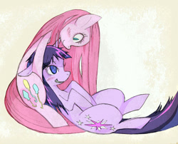 Size: 919x742 | Tagged: safe, artist:moyamoya kuroi, imported from derpibooru, pinkie pie, twilight sparkle, unicorn, blush sticker, blushing, female, floppy ears, grin, lesbian, lying down, on back, pinkamena diane pie, pixiv, shipping, snapplemena, twilight snapple, twinkie, unicorn twilight