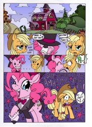 Size: 1000x1377 | Tagged: safe, alternate version, artist:mohawkrex, artist:whysoseriouss, imported from derpibooru, applejack, pinkie pie, earth pony, pony, comic:a piece of pie, ..., applejack is not amused, applejack the anti-shipper, applepie, barn, candy, clothes, comic, coughing, duo, eyes closed, female, food, grin, hat, huff, interrupted, kiss on the lips, kissing, lesbian, mare, onomatopoeia, open mouth, open smile, shipping, shipping denied, shrunken pupils, smiling, smooch, sound effects, stars, surprise kiss, sweet apple acres, the amazing pinkie pie, tongue out, top hat, tuxedo, unamused