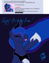 Size: 570x738 | Tagged: safe, imported from derpibooru, princess luna, oc, oc:anon, /mlp/, 4chan, 4chan screencap, happy birthday