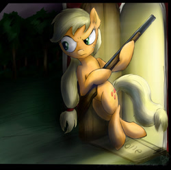 Size: 900x898 | Tagged: safe, artist:rule1of1coldfire, imported from derpibooru, applejack, pony, 2012, bipedal, female, gun, shotgun, solo, weapon