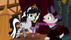 Size: 5277x2968 | Tagged: safe, artist:misteraibo, imported from derpibooru, earth pony, pony, zebra, clothes, disney, esmeralda, esmeralda (the hunchback of notre dame), frollo, hunchback of notre dame, ponified, scarf, seduction, teasing, the hunchback of notre dame