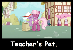 Size: 676x467 | Tagged: safe, edit, edited screencap, imported from derpibooru, screencap, cheerilee, spike, dragon, earth pony, pony, secret of my excess, caption, female, hub logo, male, mare