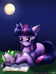 Size: 1600x2133 | Tagged: safe, artist:spittfireart, imported from derpibooru, spike, twilight sparkle, pony, unicorn, book, duo, eyes closed, female, male, mare, moon, night, night sky, sky, sleeping, smiling, stars