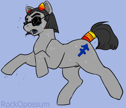 Size: 764x653 | Tagged: safe, imported from derpibooru, pony, blue background, broken horn, equius zahhak, homestuck, horn, male, ponified, simple background, stallion, sweat, tail, tail wrap, troll (homestuck)