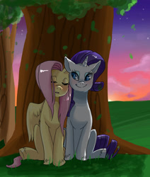 Size: 1024x1210 | Tagged: safe, artist:ellamred, imported from derpibooru, fluttershy, rarity, blushing, female, flarity, lesbian, shipping, sunset, tree