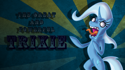 Size: 1366x768 | Tagged: safe, artist:scissorsrunner, imported from derpibooru, trixie, pony, unicorn, female, mare, solo, tongue out, wallpaper, yelling