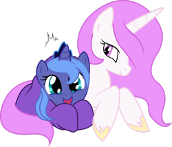 Size: 475x408 | Tagged: safe, artist:canon-lb, imported from derpibooru, princess celestia, princess luna, pony, blanket, cewestia, cuddling, cute, filly, happy, lunabetes, open mouth, pink-mane celestia, prone, s1 luna, simple background, smiling, snuggling, surprised, transparent background, vector, woona