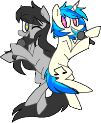 Size: 709x862 | Tagged: safe, artist:ghost, imported from derpibooru, dj pon-3, octavia melody, vinyl scratch, earth pony, pony, unicorn, bipedal, duet, female, lesbian, mare, microphone, scratchtavia, shipping, singing