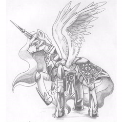 Size: 2480x2480 | Tagged: safe, artist:george5408, imported from derpibooru, princess celestia, pony, armor, female, high res, monochrome, pencil drawing, sketch, solo, traditional art