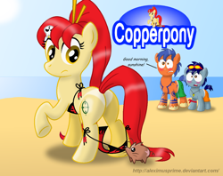 Size: 1024x811 | Tagged: safe, artist:aleximusprime, imported from derpibooru, earth pony, pony, blushing, boota, butt, comic sans, coppertone, coppertone parody, crossover, kamina, plot, ponified, simon, tengen toppa gurren lagann, yoko littner