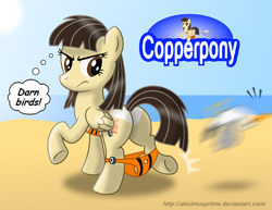 Size: 1024x792 | Tagged: safe, artist:aleximusprime, imported from derpibooru, wild fire, pegasus, pony, bikini, butt, clothes, comic sans, coppertone, coppertone parody, female, mare, motion blur, plot, sibsy, solo, swimsuit, tan lines, unamused, underhoof, wardrobe malfunction, wild fire is not amused