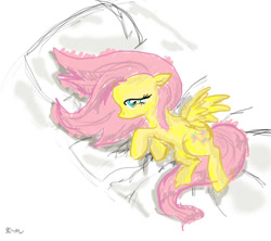 Size: 648x576 | Tagged: safe, artist:catscratchpaper, imported from derpibooru, fluttershy, pegasus, pony, bed, female, high angle, mare, on bed, on side, profile, side, solo, spread wings, top down, wings